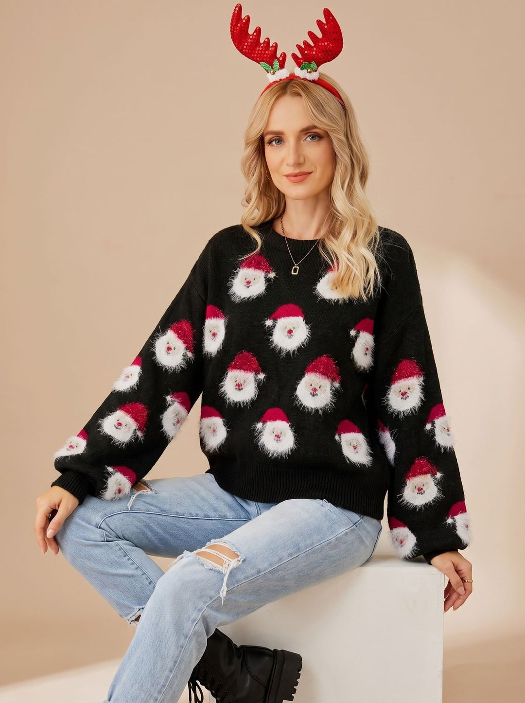 Dam oversize jul tröja med tomte mönster långärmad