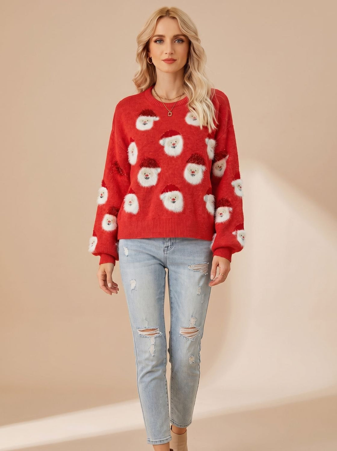 Dam oversize jul tröja med tomte mönster långärmad