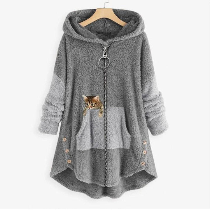 Dam mjuk huvtröja college-tröja dragkedja katt tryck fleece