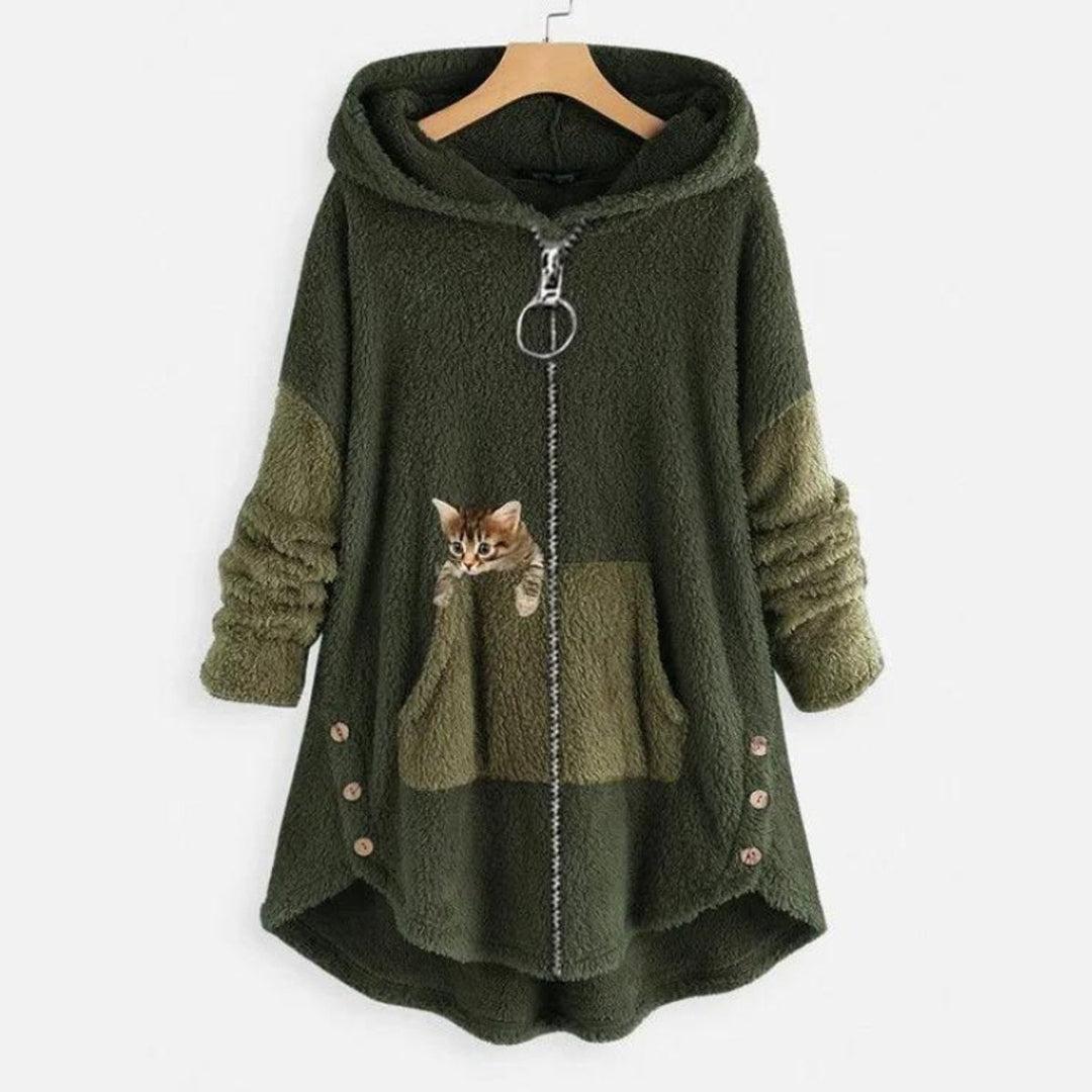 Dam mjuk huvtröja college-tröja dragkedja katt tryck fleece
