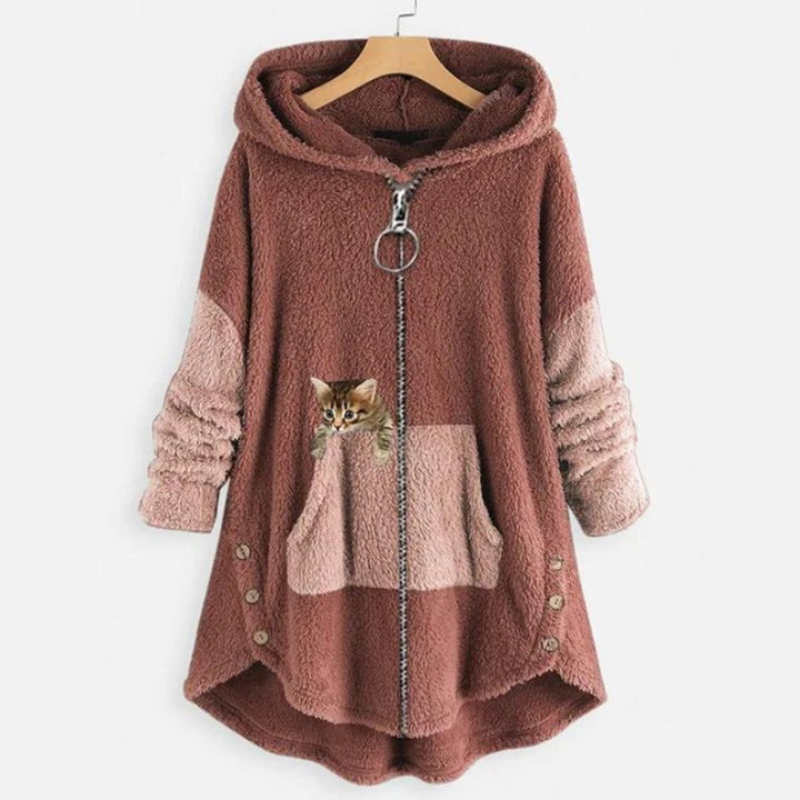 Dam mjuk huvtröja college-tröja dragkedja katt tryck fleece