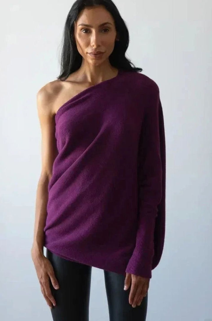 Dam tröja med asymmetrisk draperad design mjuk lös