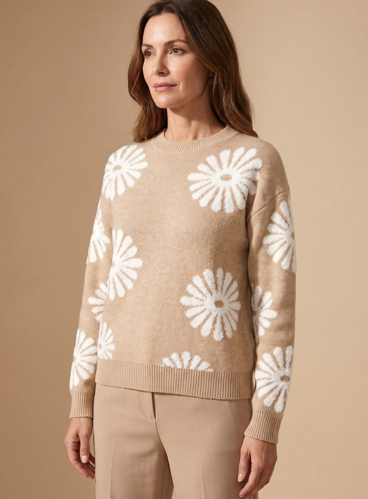 Dam rund halsringning blommönster stickad tröja lös passform långärmad