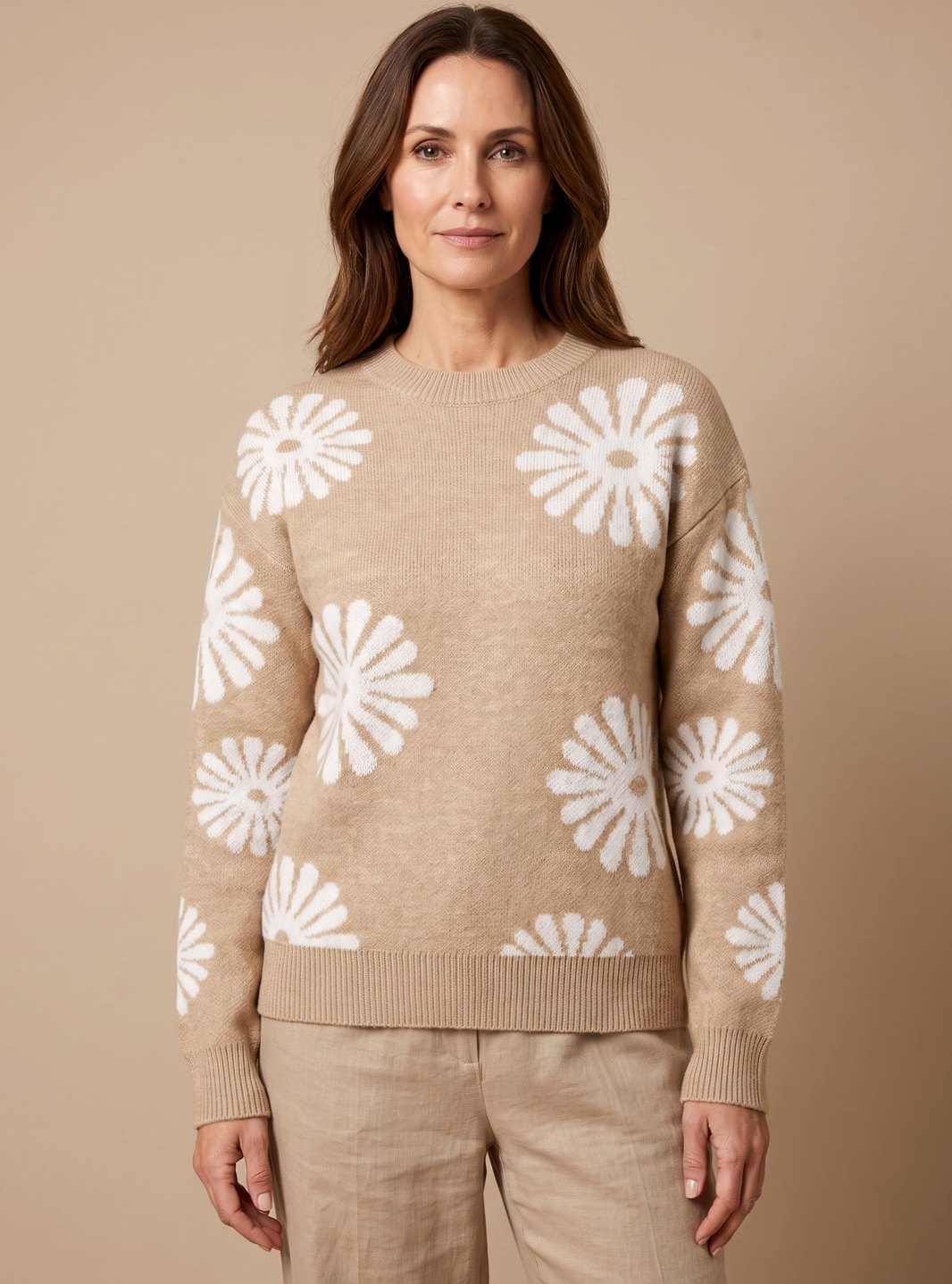 Dam rund halsringning blommönster stickad tröja lös passform långärmad