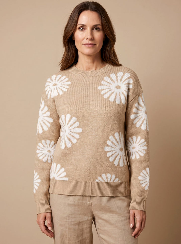 Dam rund halsringning blommönster stickad tröja lös passform långärmad