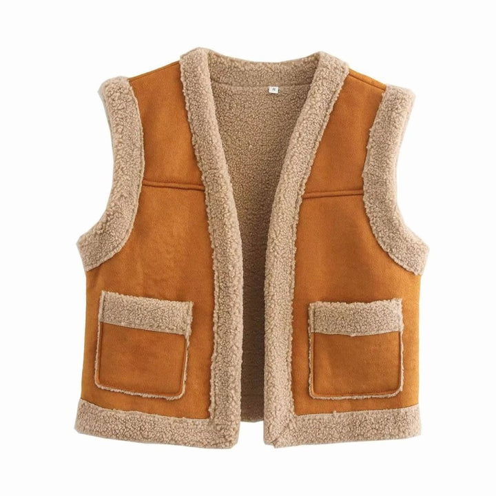 Dam teddy fleece väst mocka stil fleecefoder framfickor