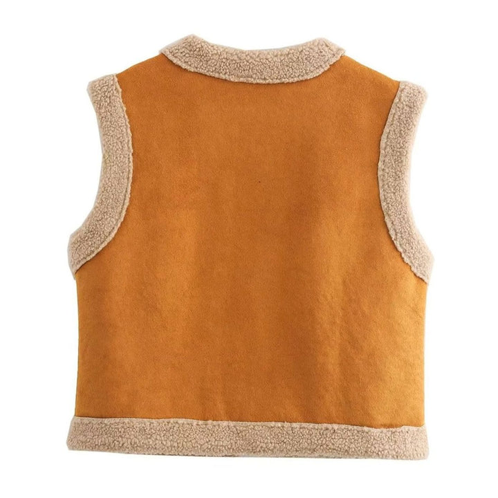 Dam teddy fleece väst mocka stil fleecefoder framfickor
