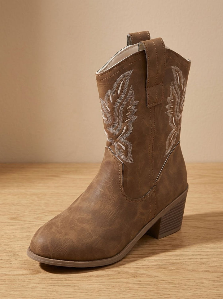 Dam western ankelboots med blockklack och broderi, svart