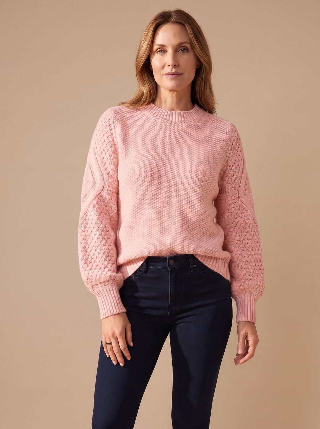 Dam kabelstickad tröja med ballongärmar avslappnad-passform stickad pullover