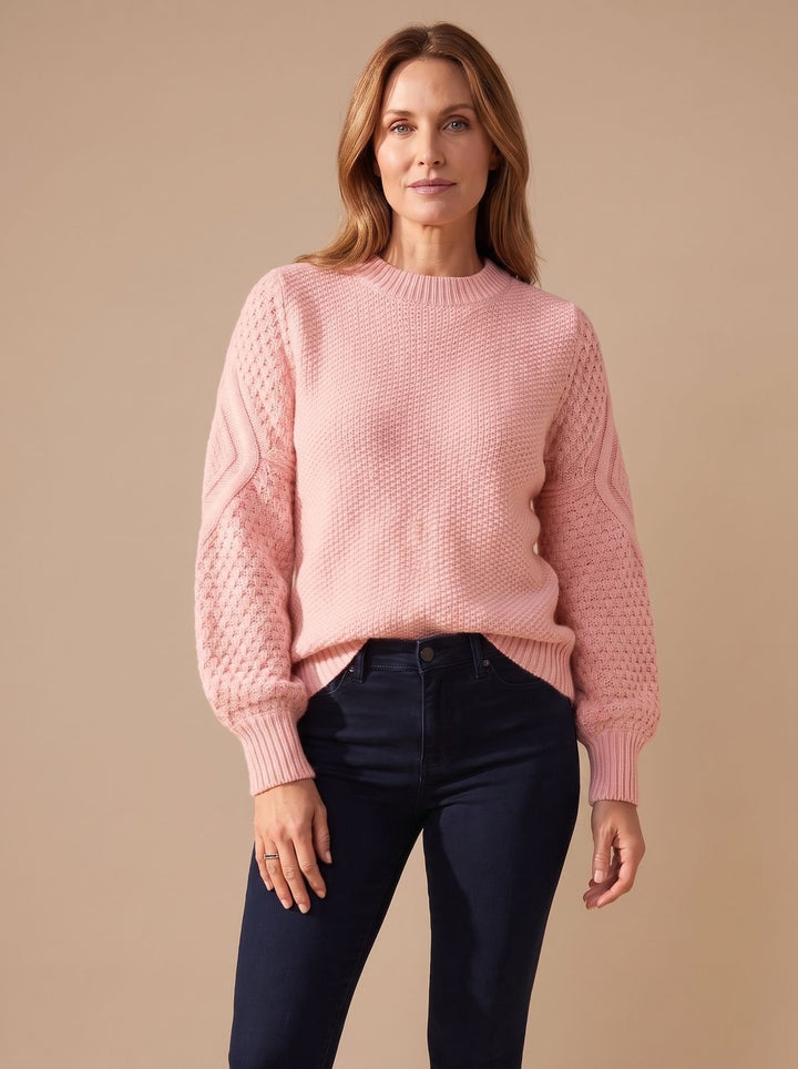Dam kabelstickad tröja med ballongärmar avslappnad-passform stickad pullover