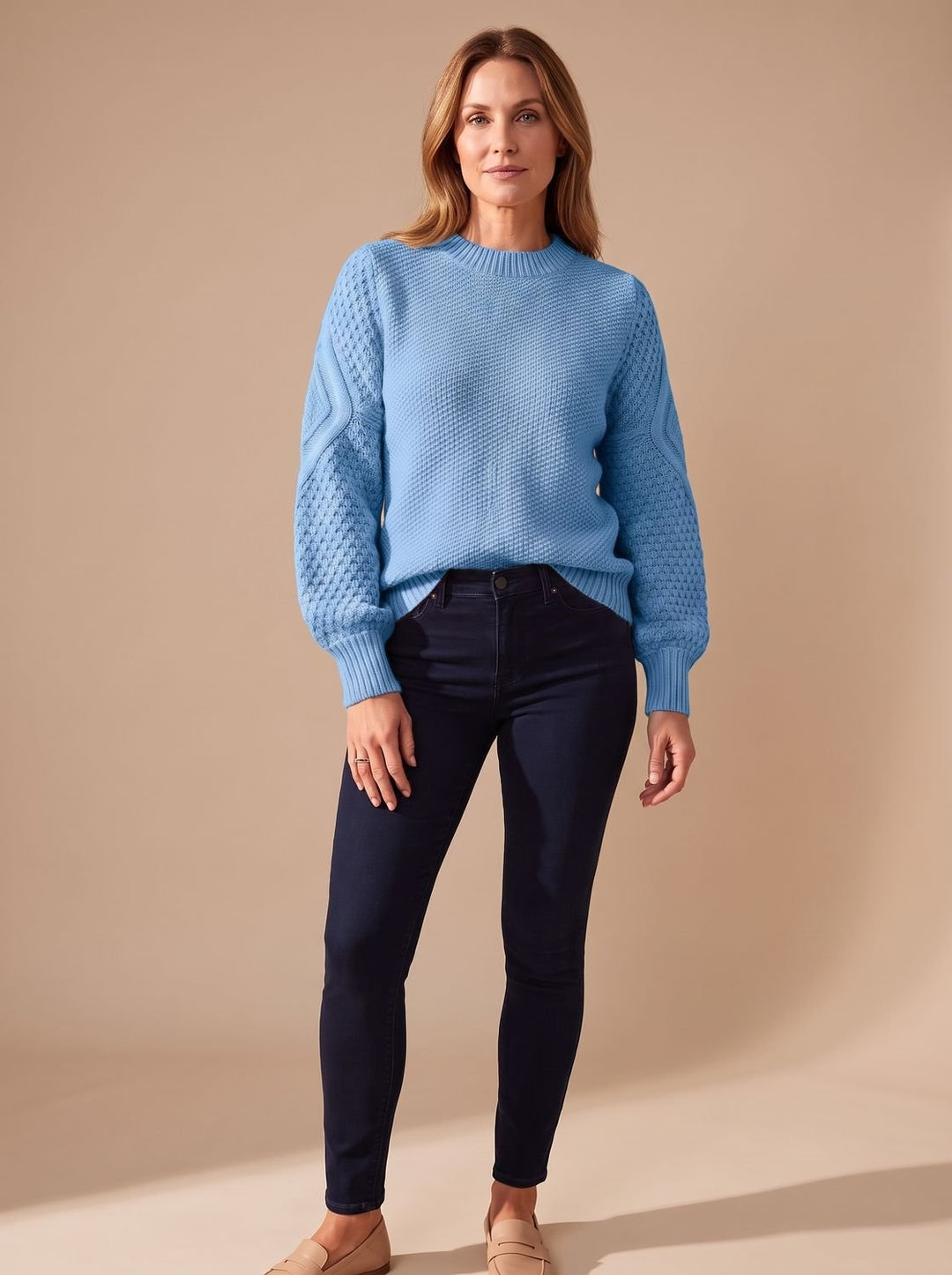 Dam kabelstickad tröja med ballongärmar avslappnad-passform stickad pullover