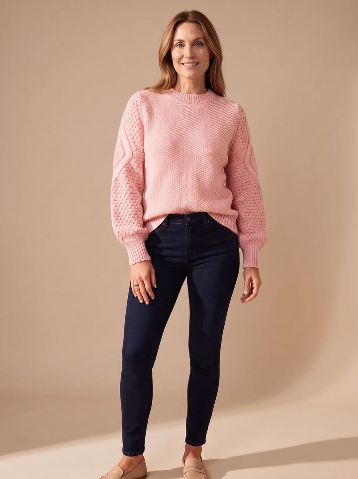 Dam kabelstickad tröja med ballongärmar avslappnad-passform stickad pullover