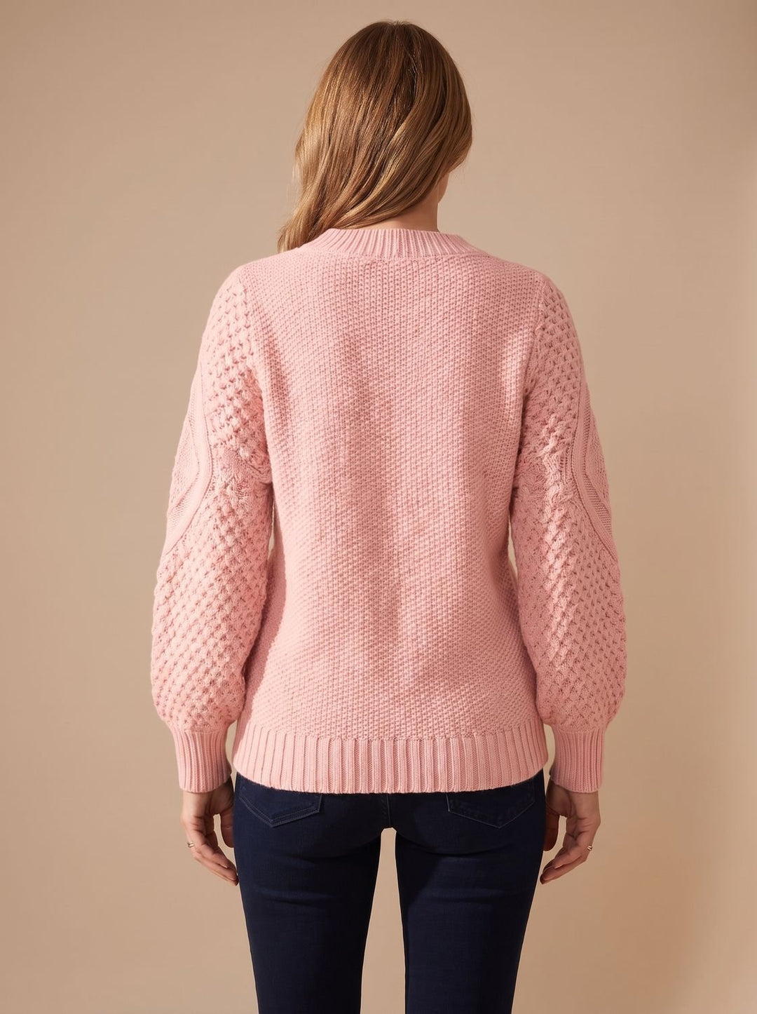 Dam kabelstickad tröja med ballongärmar avslappnad-passform stickad pullover