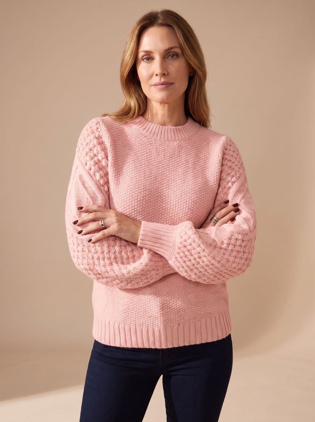 Dam kabelstickad tröja med ballongärmar avslappnad-passform stickad pullover