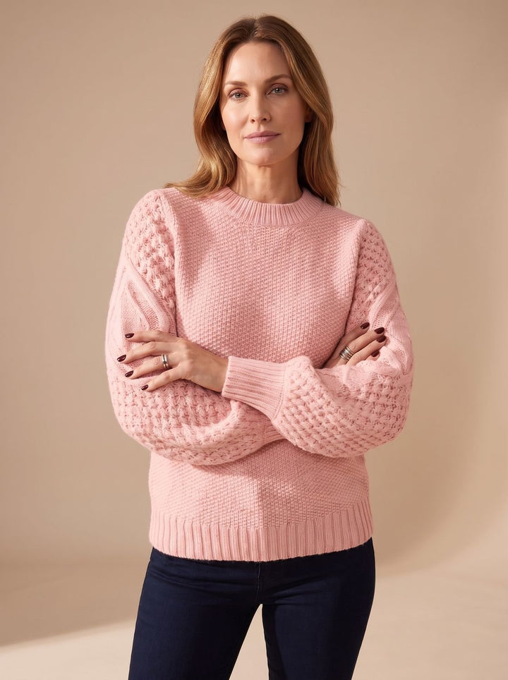 Dam kabelstickad tröja med ballongärmar avslappnad-passform stickad pullover