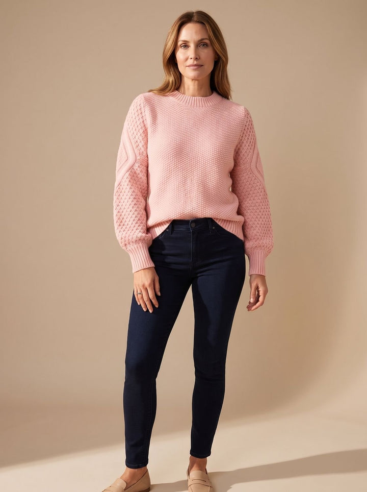 Dam kabelstickad tröja med ballongärmar avslappnad-passform stickad pullover