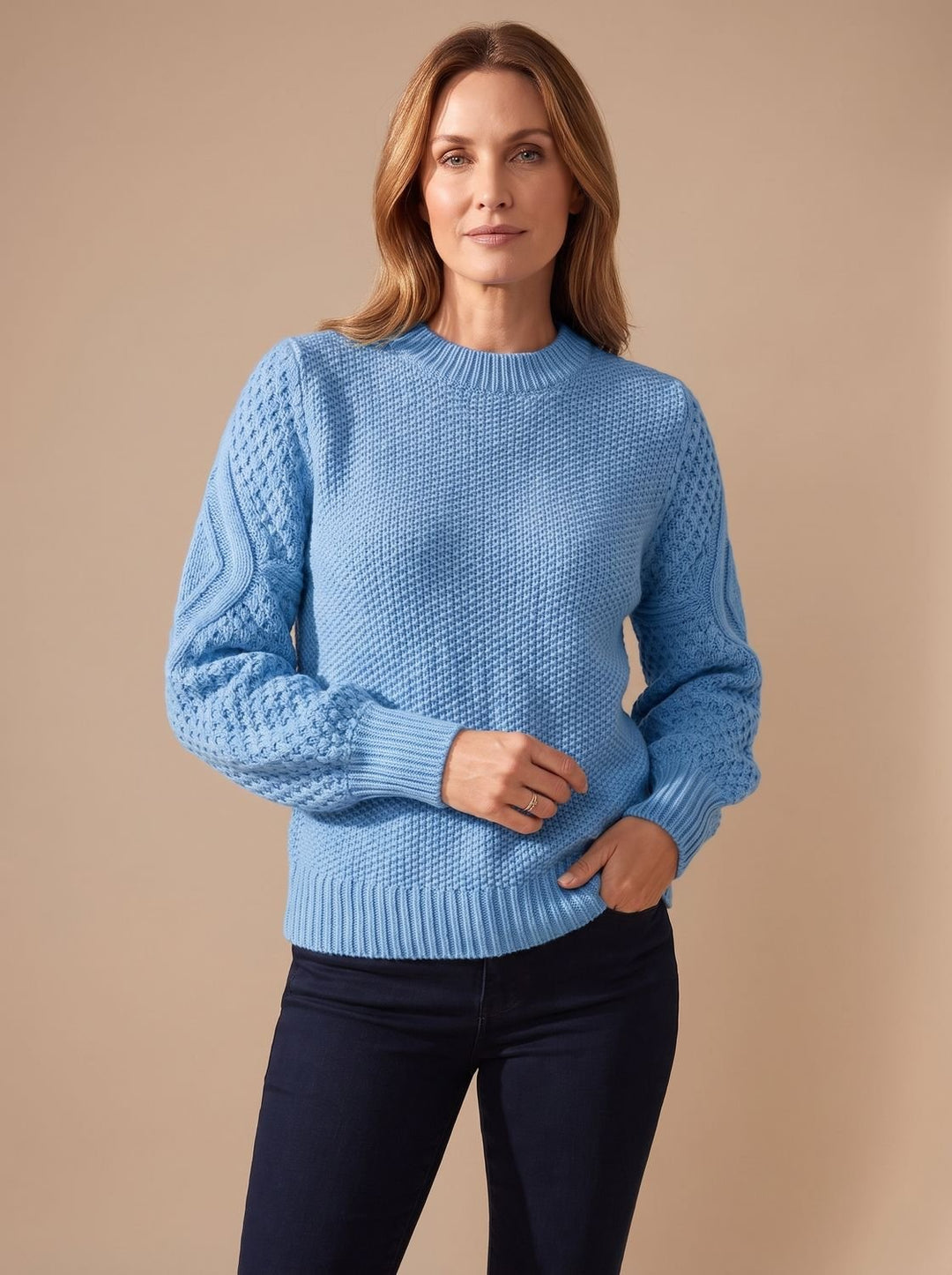 Dam kabelstickad tröja med ballongärmar avslappnad-passform stickad pullover