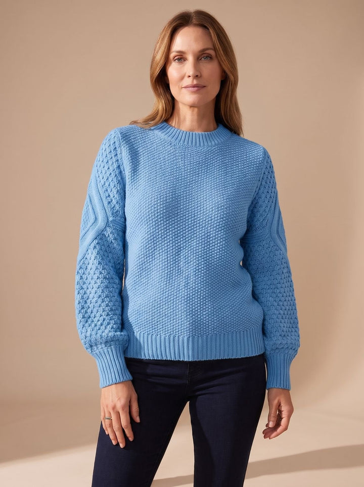 Dam kabelstickad tröja med ballongärmar avslappnad-passform stickad pullover