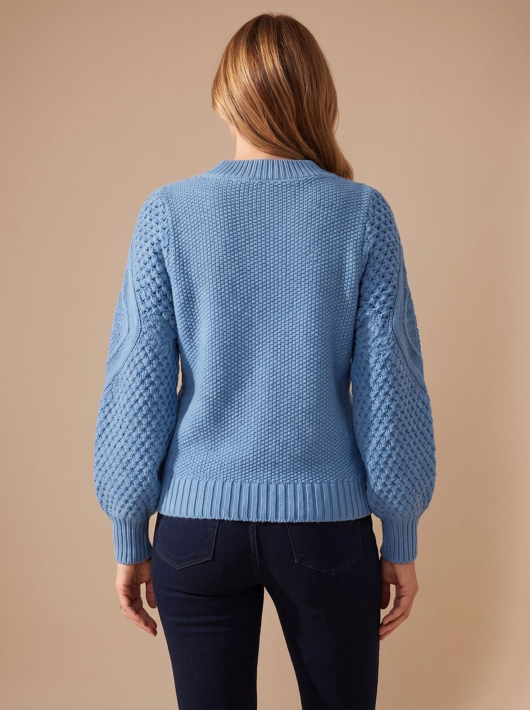 Dam kabelstickad tröja med ballongärmar avslappnad-passform stickad pullover
