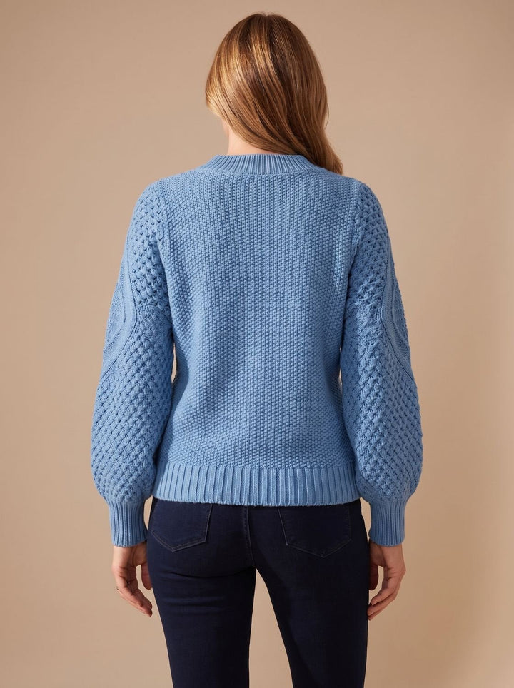 Dam kabelstickad tröja med ballongärmar avslappnad-passform stickad pullover