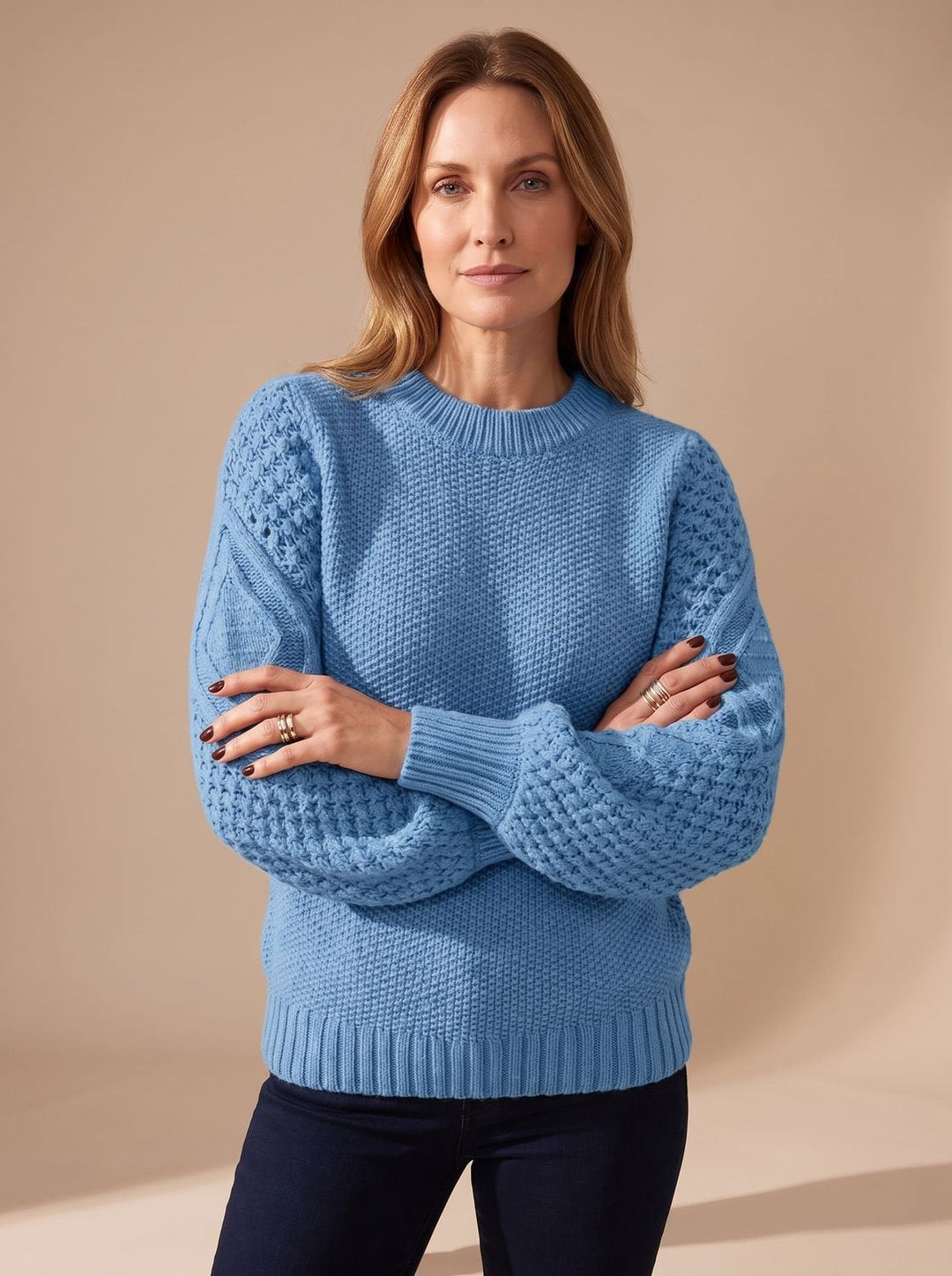 Dam kabelstickad tröja med ballongärmar avslappnad-passform stickad pullover