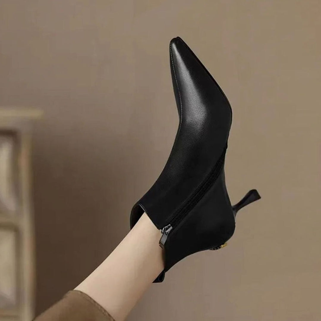 Elegant låg stilettklack ankelboots för kvinnor, spetsig tå, konstläder