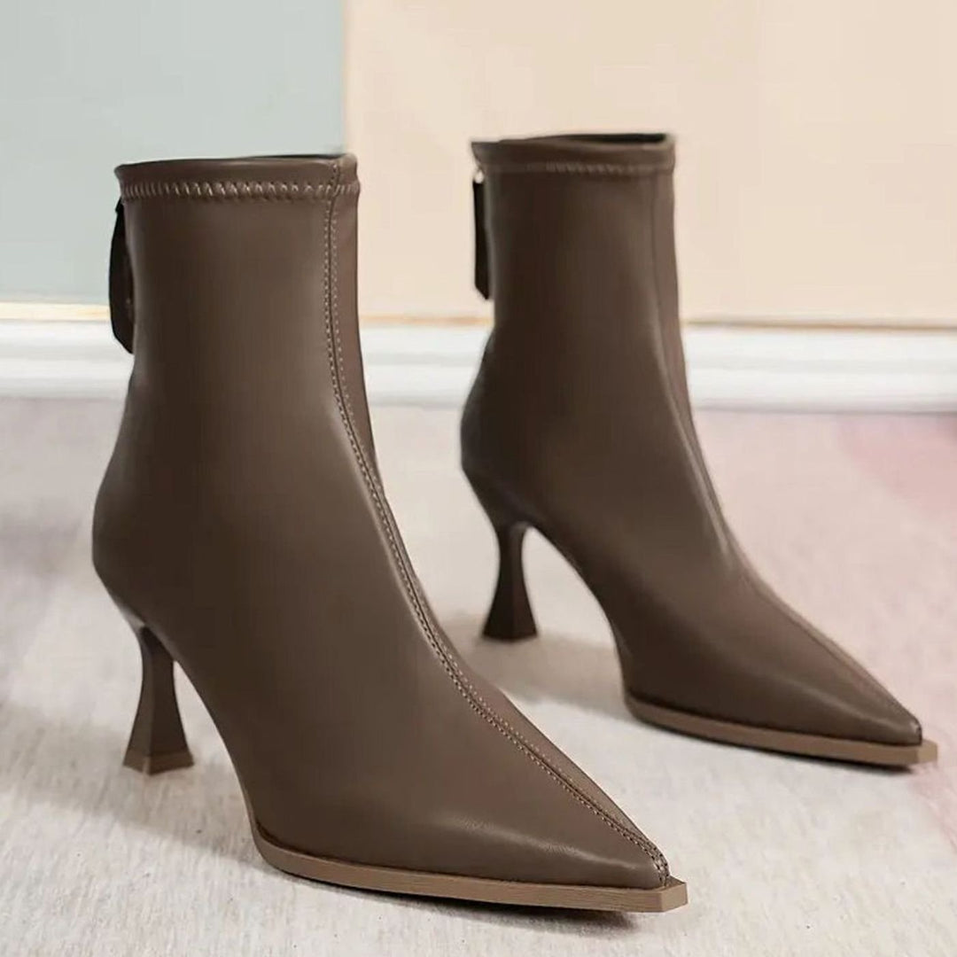 Elegant låg stilettklack ankelboots för kvinnor, spetsig tå, konstläder