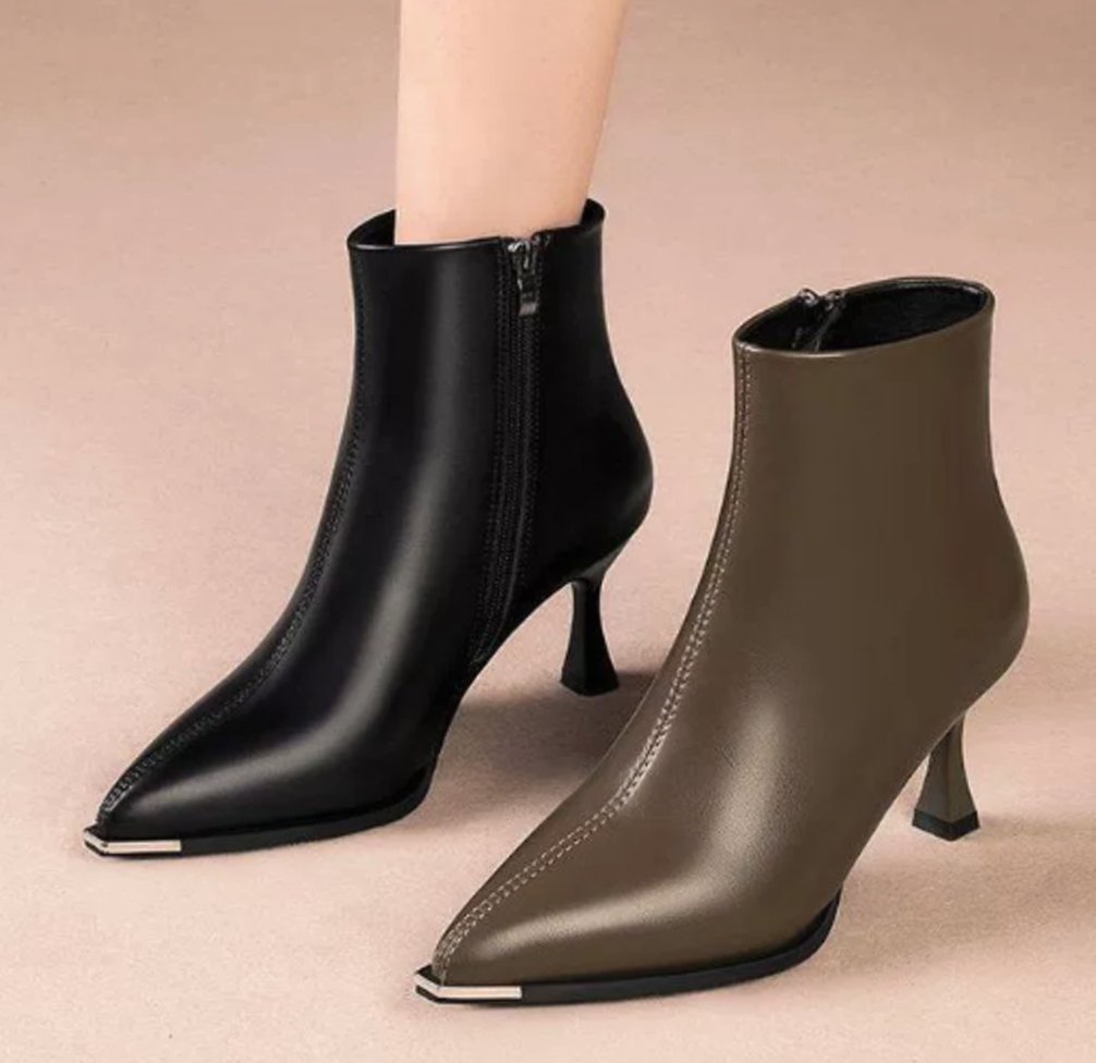 Elegant låg stilettklack ankelboots för kvinnor, spetsig tå, konstläder