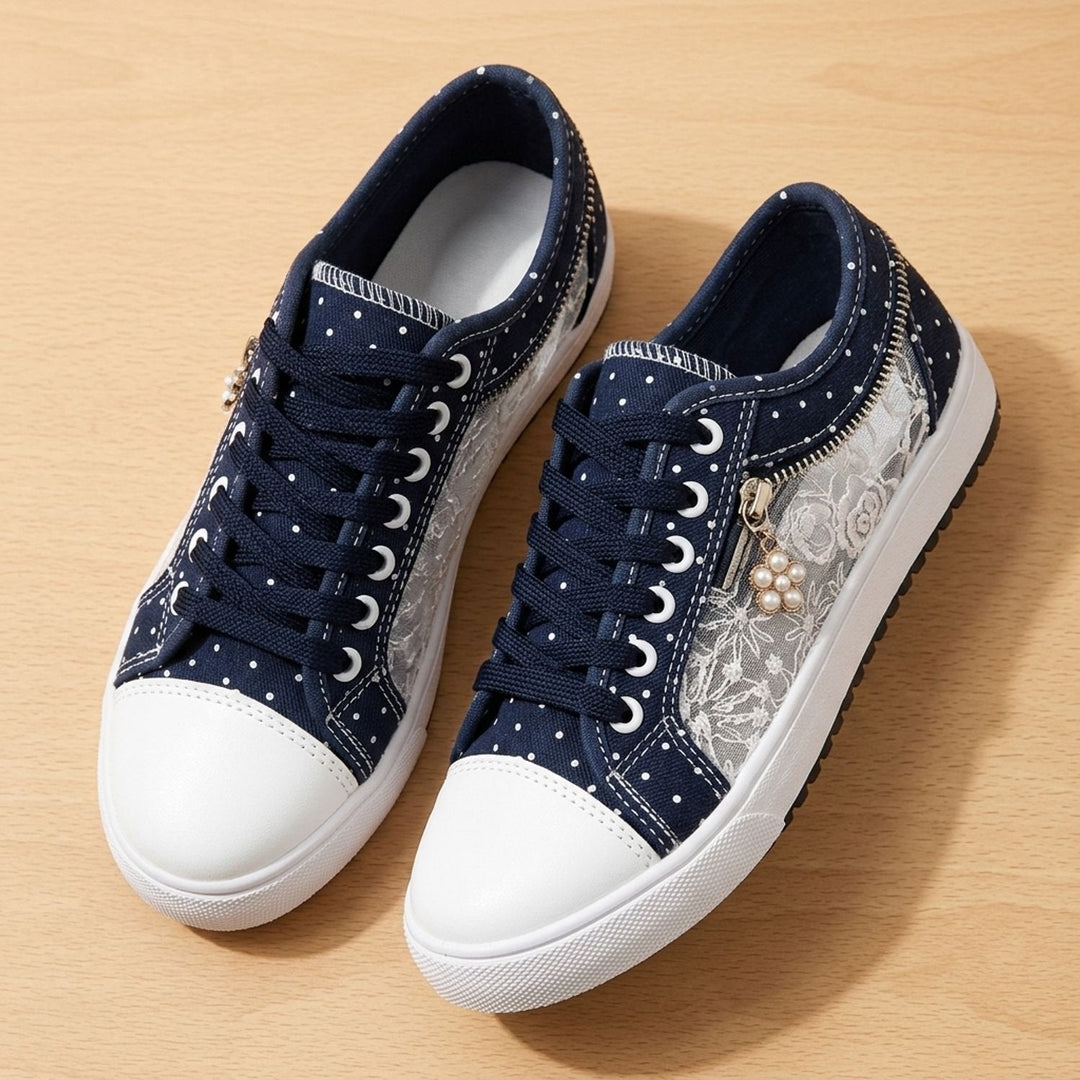 Elena dam sneakers med spets kant dragkedja blommig detalj