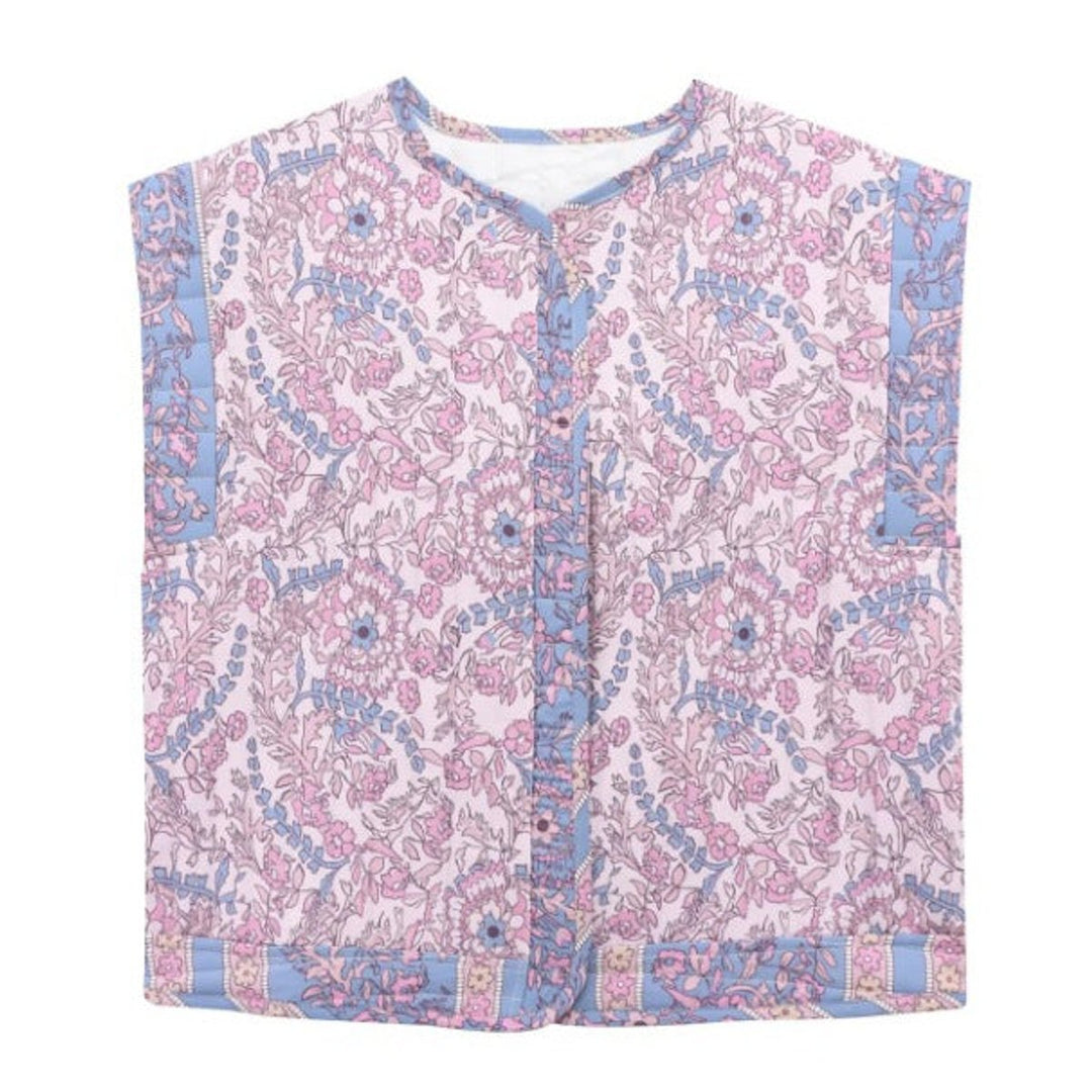 Quiltad blommig väst för kvinnor med sidofickor