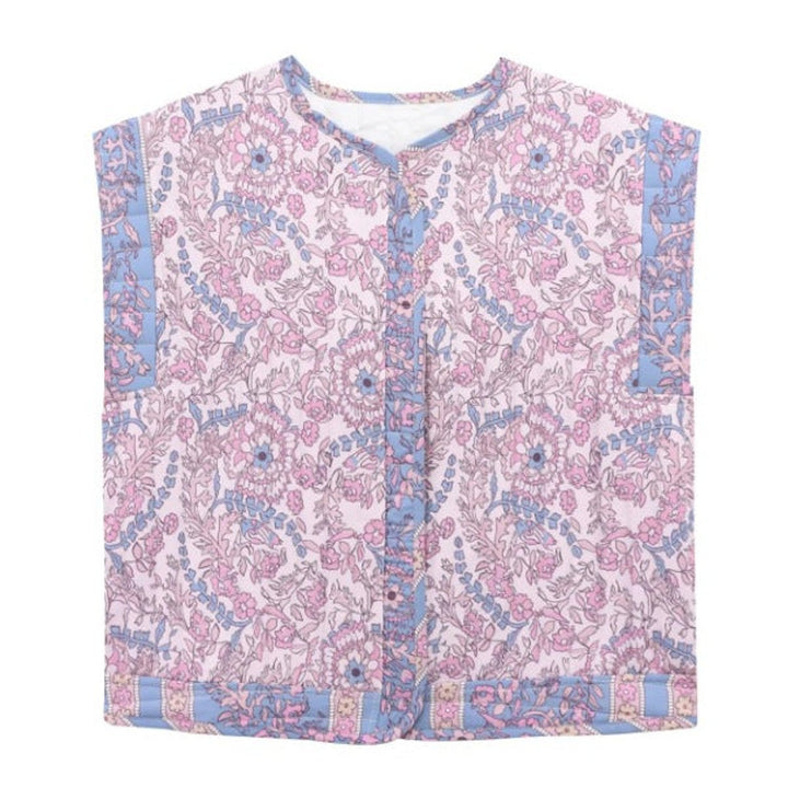 Quiltad blommig väst för kvinnor med sidofickor