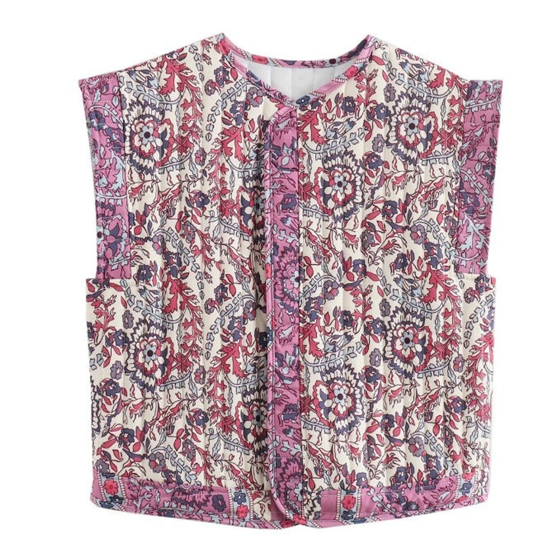 Quiltad blommig väst för kvinnor med sidofickor