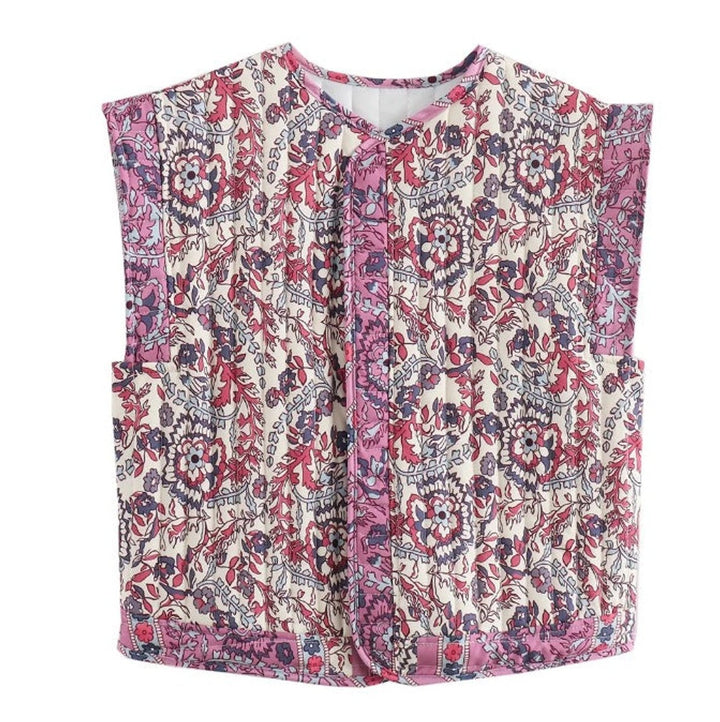 Quiltad blommig väst för kvinnor med sidofickor