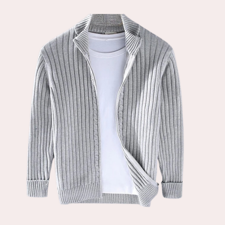 Herr stickad cardigan med dragkedja och ribbstickade detaljer