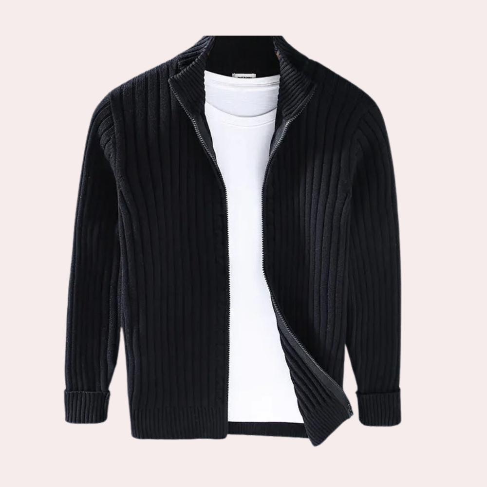 Herr stickad cardigan med dragkedja och ribbstickade detaljer