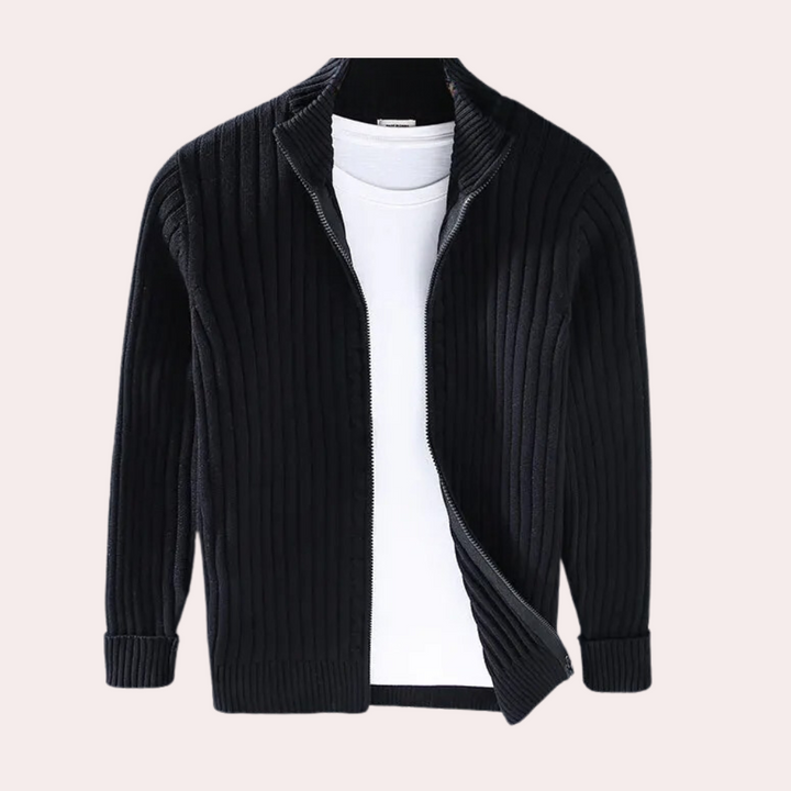 Herr stickad cardigan med dragkedja och ribbstickade detaljer
