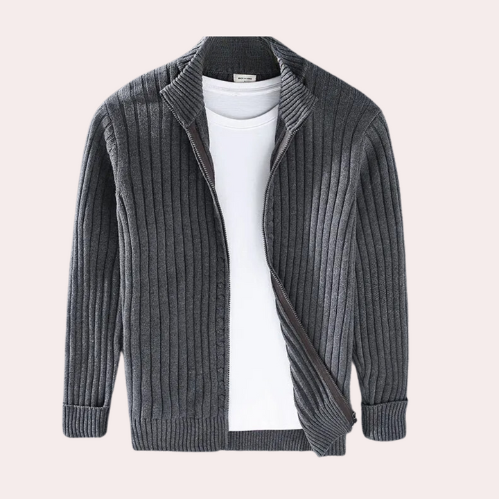 Herr stickad cardigan med dragkedja och ribbstickade detaljer