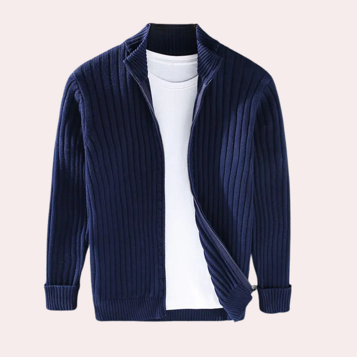 Herr stickad cardigan med dragkedja och ribbstickade detaljer