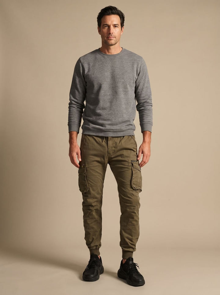 Herr cargo joggingbyxor med cargofickor och elastisk midja