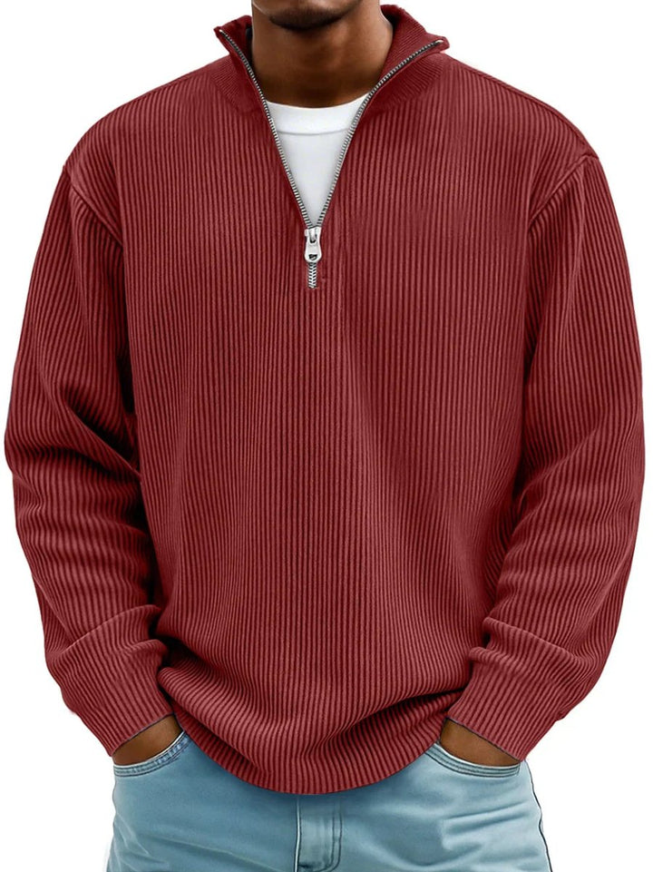 Herr ribbstickad halv dragkedja stående krage pullover college-tröja