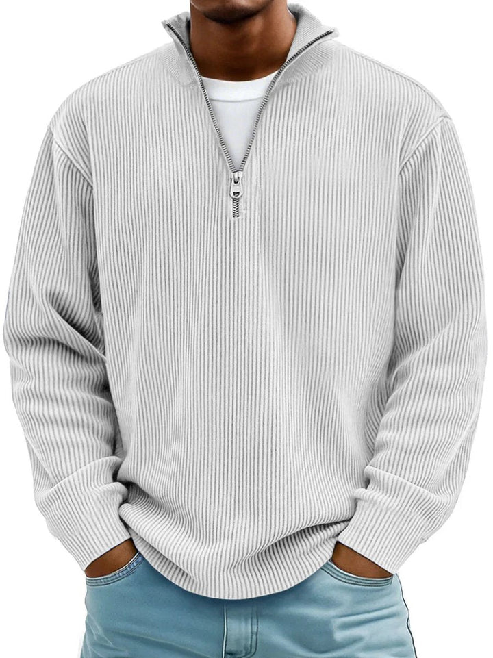 Herr ribbstickad halv dragkedja stående krage pullover college-tröja