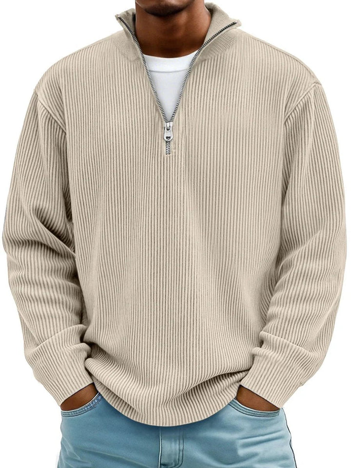 Herr ribbstickad halv dragkedja stående krage pullover college-tröja