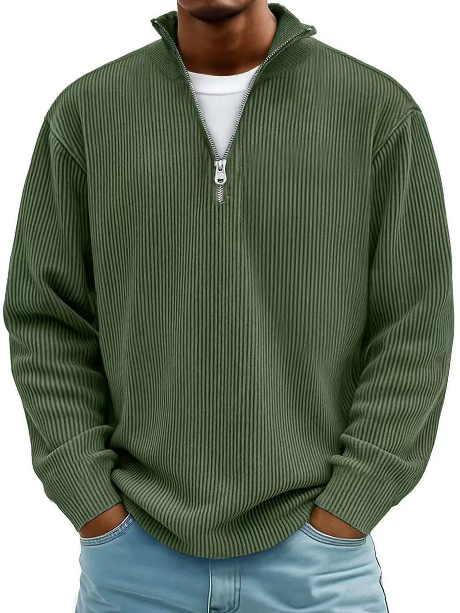 Herr ribbstickad halv dragkedja stående krage pullover college-tröja
