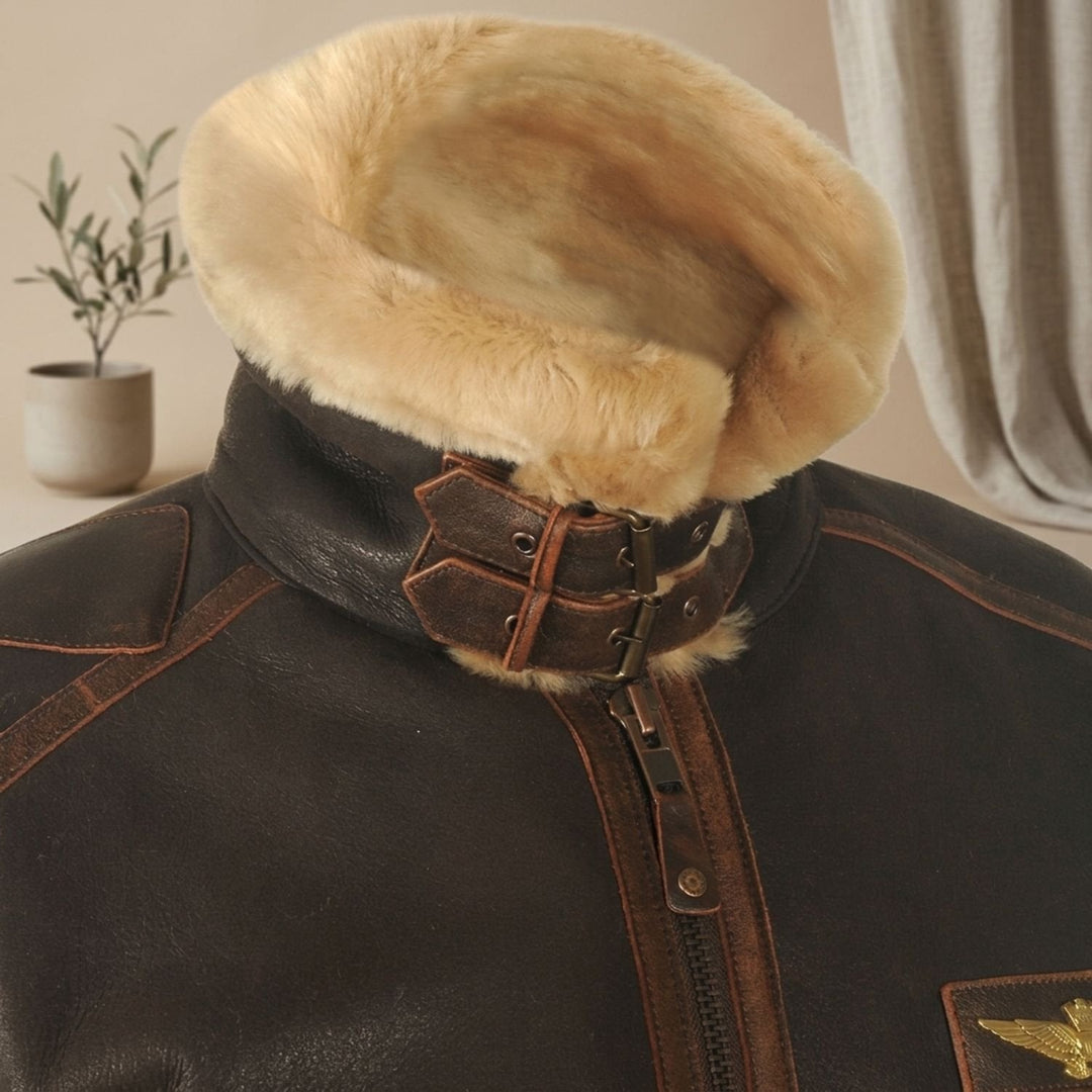Herr läder pilotjacka med fårskinn foder i vintage stil
