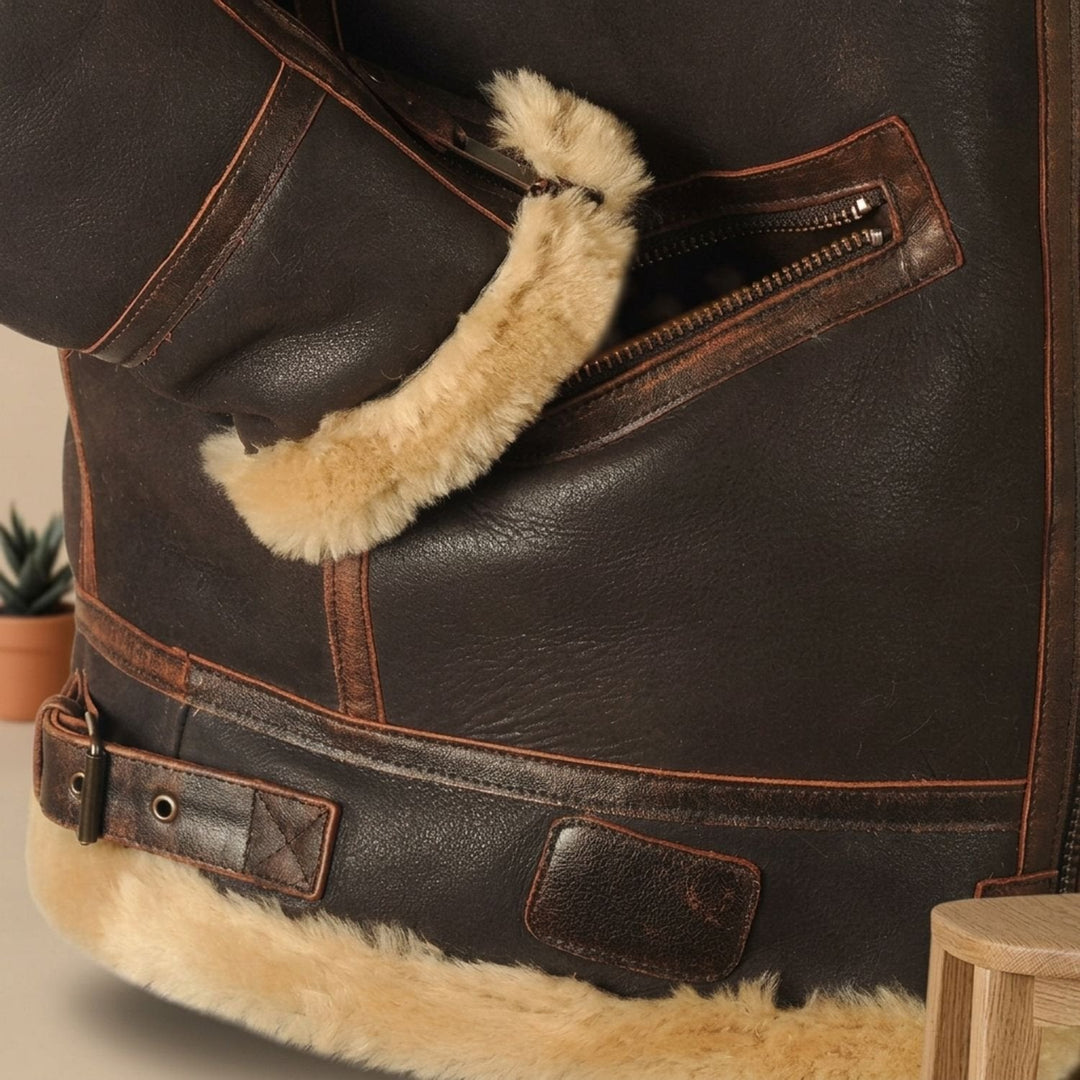 Herr läder pilotjacka med fårskinn foder i vintage stil