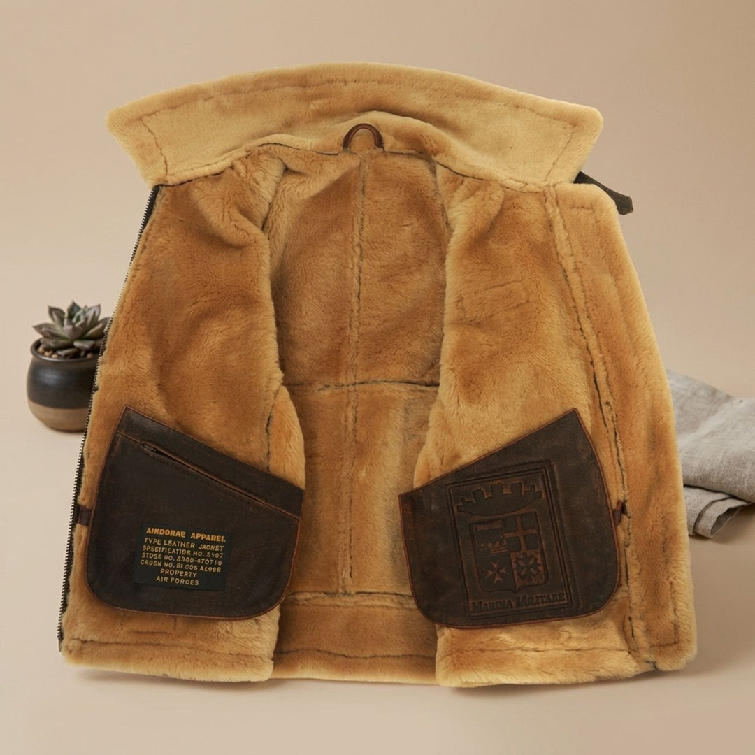 Herr läder pilotjacka med fårskinn foder i vintage stil