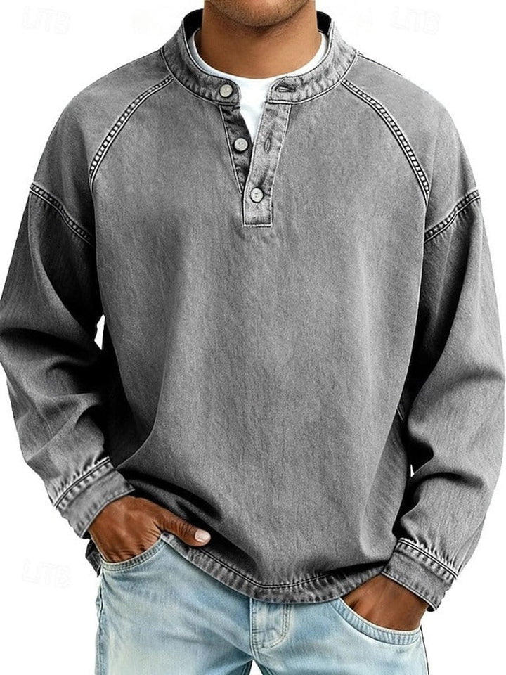 Herr retro henley stickad tröja långärmad sliten-stil pullover