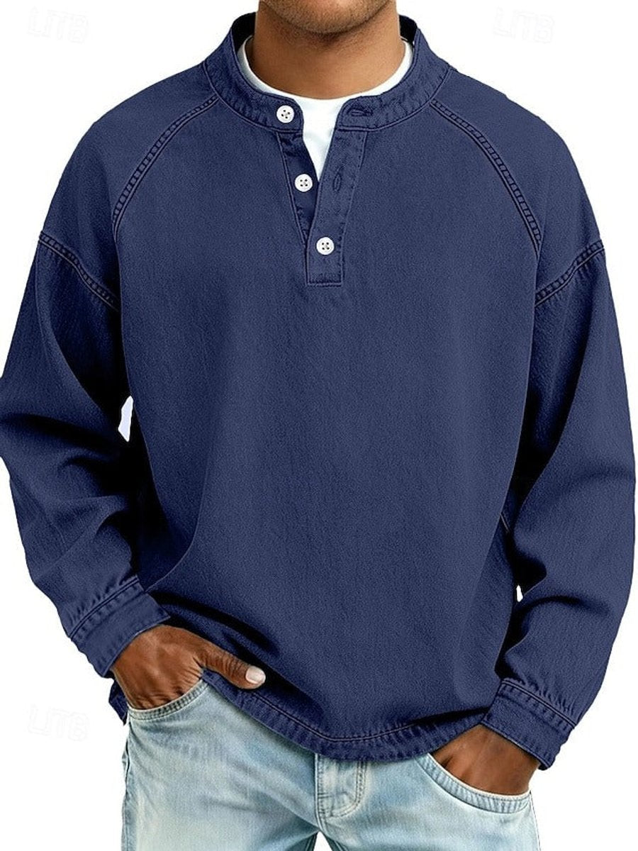 Herr retro henley stickad tröja långärmad sliten-stil pullover