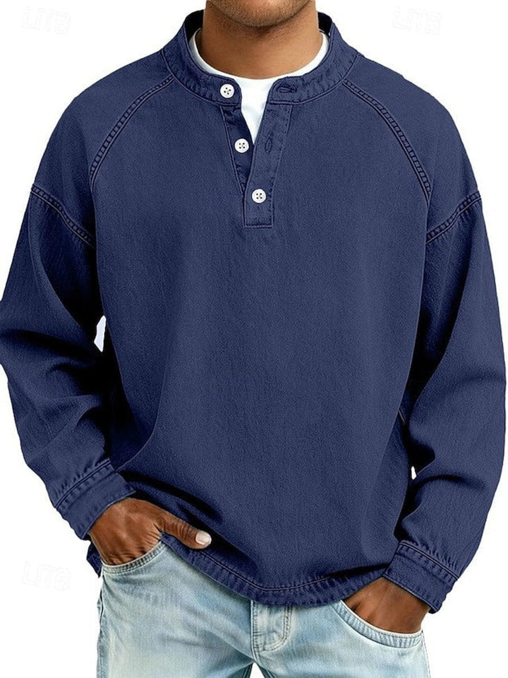 Herr retro henley stickad tröja långärmad sliten-stil pullover