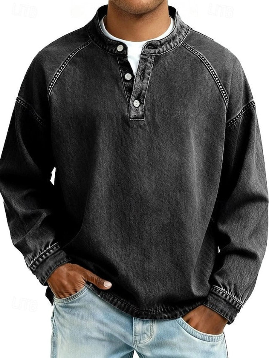 Herr retro henley stickad tröja långärmad sliten-stil pullover